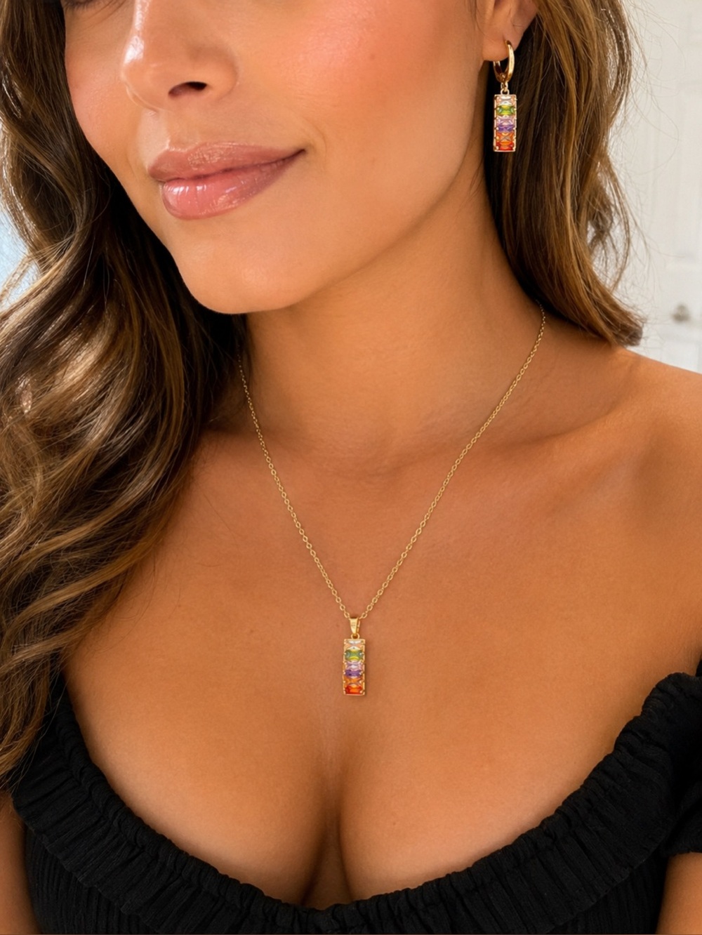 Gold Rainbow Bar Pendant Necklace and Earring Set